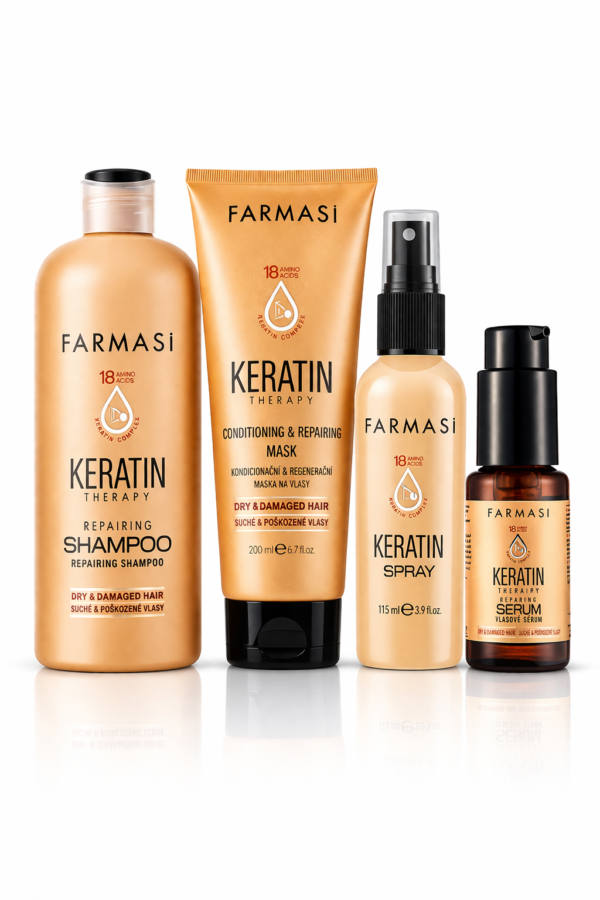 FARMASI Keratin Therapy – kompletní péče pro suché a poškozené vlasy Dopřejte svým vlasům intenzivní regeneraci s řadou FARMASI Keratin Therapy, která je navržena pro péči o suché, oslabené a poškozené vlasy. Kompletní sada obsahuje regenerační šampon, pečující masku, keratinový sprej a vlasové sérum, které společně pomáhají zlepšit vzhled vlasů, usnadnit jejich rozčesávání a dodat jim hebkost, lesk a upravený vzhled. Složení je inspirované keratinovou péčí a je vhodné pro vlasy namáhané tepelnou úpravou, barvením i každodenním stylingem. Šampon jemně čistí, maska intenzivně vyživuje, sprej usnadňuje úpravu vlasů a sérum pomáhá uhladit vlasové délky i konečky bez zatížení. Výsledkem jsou vlasy, které působí zdravěji, hladčeji a pěstěněji. Tato keratinová řada je ideální pro každého, kdo hledá komplexní vlasovou péči v jednom režimu a chce vlasům vrátit pružnost, jemnost a krásný vzhled. Hlavní výhody: kompletní péče o suché a poškozené vlasy pomáhá zlepšit vzhled vlasů a dodat jim hebkost usnadňuje rozčesávání a následný styling pomáhá uhladit vlasové délky a konečky vhodné pro pravidelnou péči o namáhané vlasy
